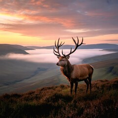 Fototapeta premium A deer stands proudly on top of the misty hills at sunrise, enveloped in golden light and serene natural landscapes.
