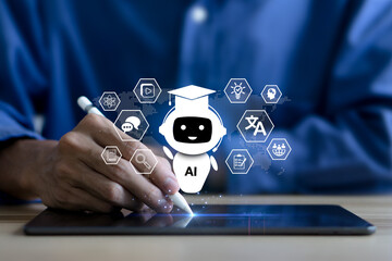 AI Education technology concept. A man use Artificial Intelligence to Learn lessons and online...