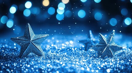 Blue glitter stars on a blue glitter surface with soft bokeh in the background. Perfect for holiday, Christmas, New Year, and winter themed designs.