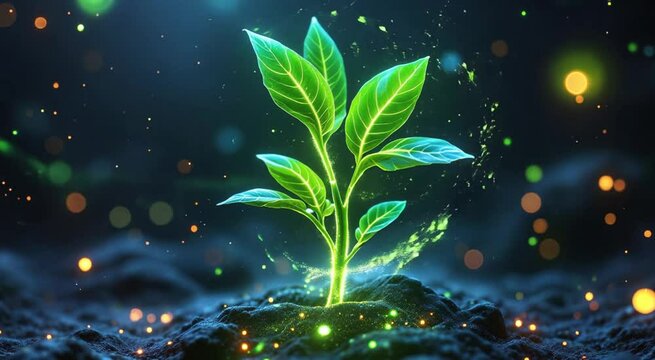A neon green sapling glowing with energy, sprouting from digitally enhanced soil in a dark, surreal environment. The image blends nature and futuristic technology, symbolizing AI agriculture, digital 
