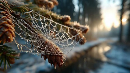 Mystical Spiderweb Adorned with Dewdrops on Pine Branch in a Serene Forest Setting - Powered by Adobe