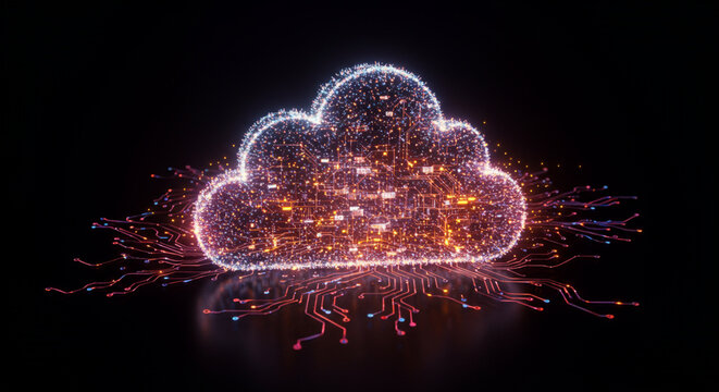 Conceptual image of futuristic cloud computing and digital storage, represented by a luminous cloud of data and circuits.