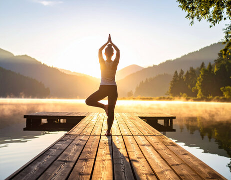 A young woman performs a yoga pose on a dock with the rising sun behind her. Morning mist drifts across a quiet lake surrounded by mountains and trees.