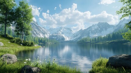 Fototapeta premium Scenic lake view with snow-capped mountains, green trees, and cloudy blue sky. Use this for travel blogs, nature brochures, or peaceful background images.