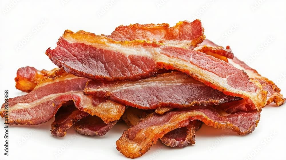 Poster a pile of crispy bacon sits on a clean white surface, ready for use in a variety of settings