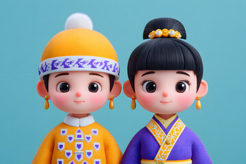 Naklejka premium 3D illustration of a traditional-style couple celebrating Qixi Festival together
