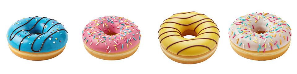 Set of four colorful donuts on a black background. The donuts are decorated with icing and sprinkles in various colors including blue, pink, yellow, and white.