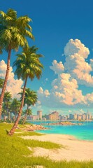 Naklejka premium Vibrant tropical beach scene with lush palm trees, pristine white sand, turquoise water, and a distant cityscape under a sunny sky with fluffy clouds