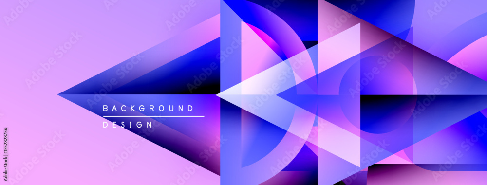 Poster abstract geometric shapes overlap, creating vibrant purple, blue gradients. design features layered 