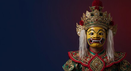 Close-up of cham dancers in elaborate masks and brocade costumes, bright background gradations from blue to maroon