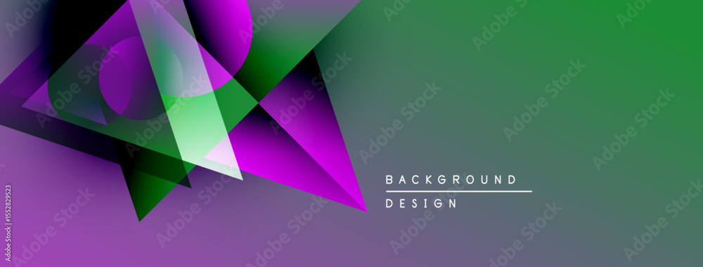 Poster abstract geometric shapes overlap, creating vibrant purple, green gradient. modern design element fo