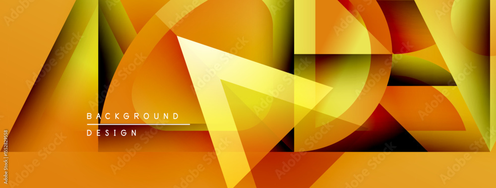 Poster Abstract geometric shapes overlap, creating vibrant orange, yellow gradients. Modern design elements suggest dynamic composition.