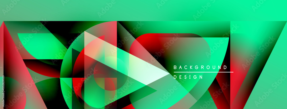 Poster Abstract geometric design. Vivid colors blend, creating dynamic visual effect. Modern background with text overlay.