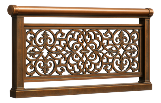 Copper outdoor railing with a decorative latticework for a vintage-inspired balcony.