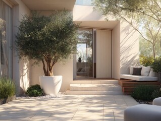 Sun-drenched patio with olive tree in large pot, minimalist seating, stone steps, and muted color palette