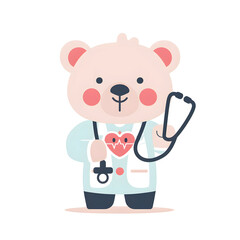 Fototapeta premium A cute cartoon bear, dressed as a pediatrician, holds a stethoscope. It wears a light teal doctor's coat and has a heart with a heartbeat graphic on its chest.