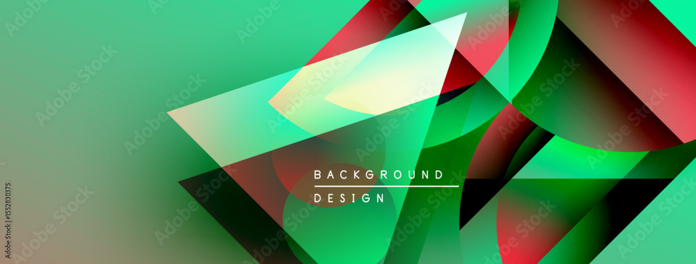 Poster abstract geometric shapes overlap, creating vibrant green, red, yellow gradients. modern design elem