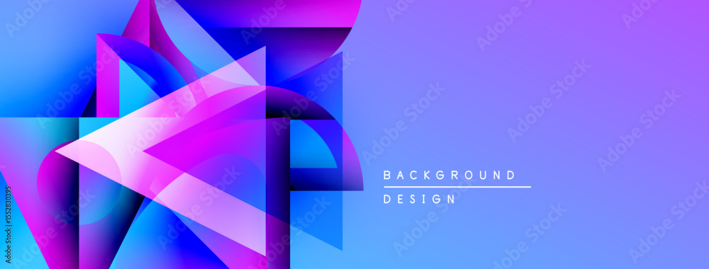 Poster Abstract geometric shapes, vibrant blues, purples create dynamic background. Gradient effect adds depth, modern feel. Design elements overlap.