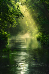 Obraz premium Serene river flows through a sun-dappled, misty green forest; sunlight streams through leaves.