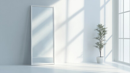 Fototapeta premium Minimalist interior with mirror and plant in bright sunlight.