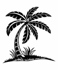 Silhouette of tropical palm tree on island with grass in black and white vector style