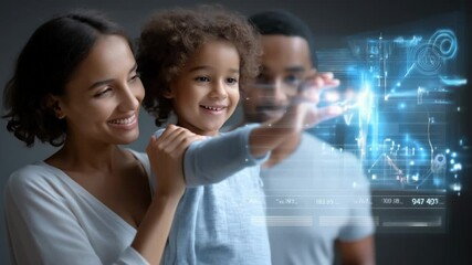 A Happy Diverse Family Interacting With Advanced Holographic Technology and Future Data Analytics - Powered by Adobe