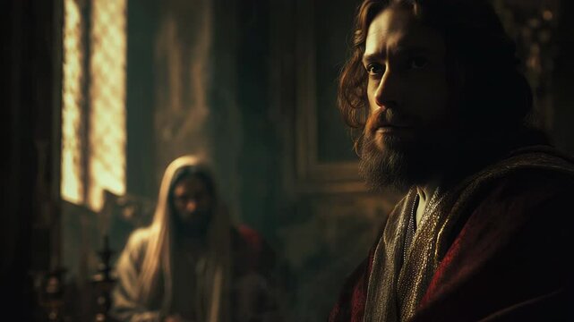 Rich young ruler turns away in a dimly lit room, reflecting sorrow and contemplation. Inspired by biblical themes, this scene evokes a sense of loss and moral conflict. matthew 19:16-22