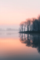 Obraz premium Silhouetted bare trees stand on a misty lakeshore at dawn; their reflections mirror in the calm water, creating a serene and peaceful scene.