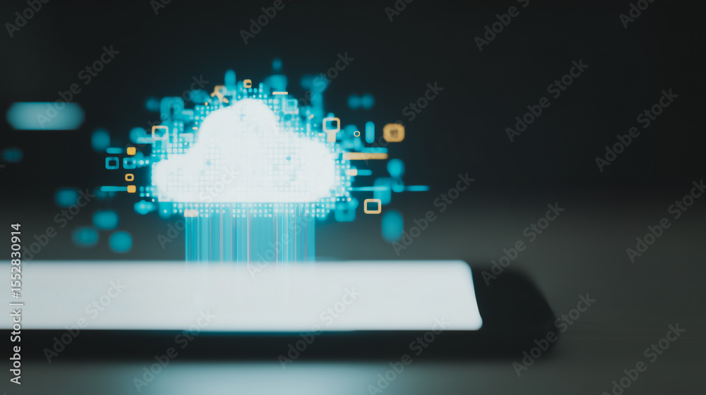 Poster digital cloud connection: a technological composition showing data transfer from a cloud to mobile d