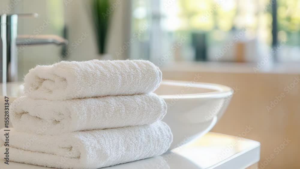 Poster A stack of white towels on top of a counter, ready for use