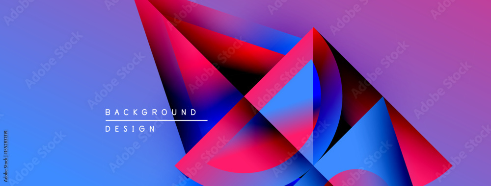 Poster abstract geometric shapes overlap, creating vibrant blue, purple, red gradients. modern design eleme