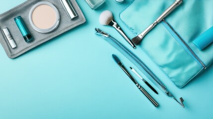 Cosmetic products, brushes, and accessories arranged on a light blue background