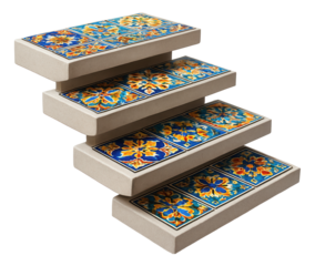 Ceramic tiled outdoor steps with colorful patterns, adding artistic flair to a creative studio's entryway.