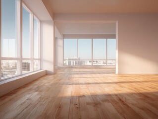 Sunlit empty room with hardwood floors and expansive windows showcasing a city view.  Minimalist design, bright and airy feel