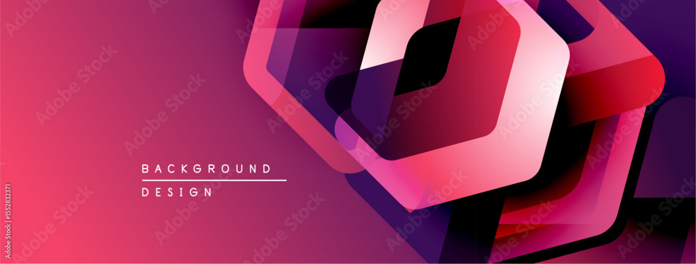 Poster abstract geometric shapes overlap, creating vibrant pink, purple gradient. modern design element for