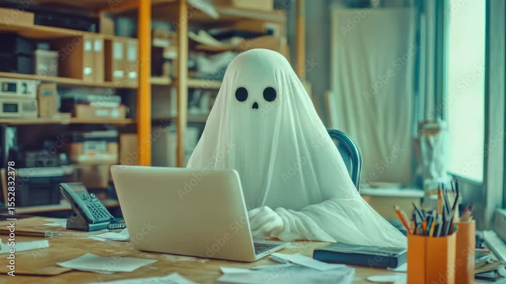 Poster a ghost sits at a desk with a laptop, highlighting the intersection of technology and the supernatur