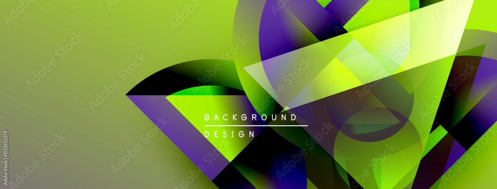 Poster abstract vibrant design. geometric shapes overlap, creating dynamic visual effect. green, purple, ye