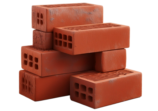 Solid clay bricks used for construction,Old red brick isolated on a transparent or white background