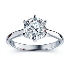 A solitaire diamond ring with a six-prong setting on a thin, polished band.  The diamond is round brilliant-cut and sparkly