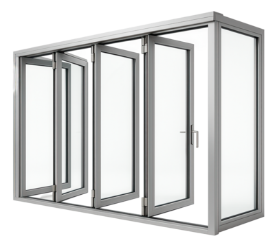 Folding glass panels for a flexible balcony space in a townhouse, adapting to different uses and weather.