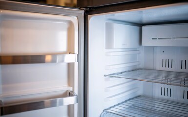 Fototapeta premium Empty Refrigerator Interior with Open Door in a Modern Kitchen Setting
