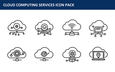 Cloud computing services icon pack with various functionalities in a simple line art style. Collection of cloud-based services depicted with different features displayed in a grid format.