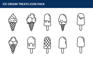 Ice cream treats icon set displayed in a simple, flat style, showing various types of ice cream in cones and on sticks. Outline illustrations of ice cream in various shapes and forms.