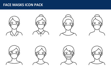 Female figures in various hairstyles wearing face masks in a simple, outline style. Diverse female demographics wearing masks in a neutral setting.