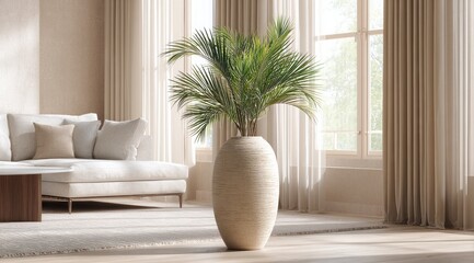 Sunlit living room with a large beige vase containing a lush green palm plant, positioned centrally on a light rug before a white sofa and large windows