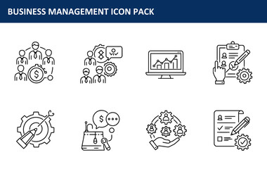 Business management icon pack illustrating various business concepts in a simple, clean line art style.