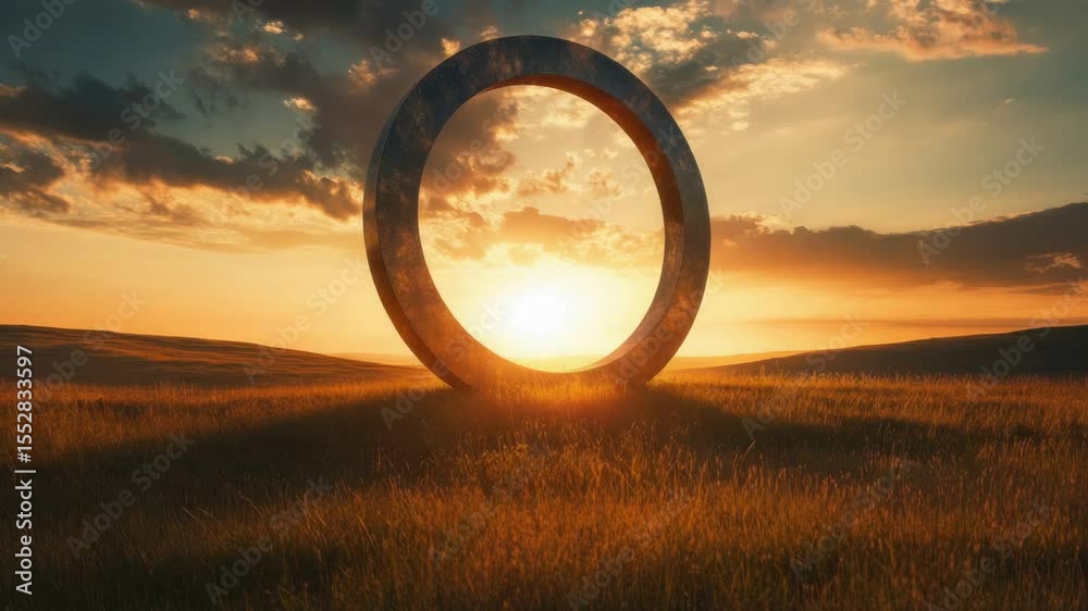 Poster a ring sits alone in a field as the sun sets behind it, making for a peaceful scene