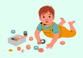 Illustration of a toddler crawling and playing with toys indoors