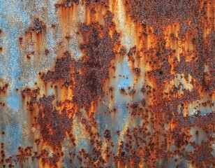 Close-up of a vibrant, corroded metal surface with peeling paint and rich orange-brown rust textures, ideal for industrial or grunge backgrounds.