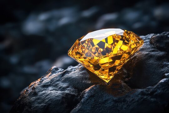 A shimmering yellow diamond rests atop rough, dark rocks. It represents wealth, luxury, or finding value in the unexpected.